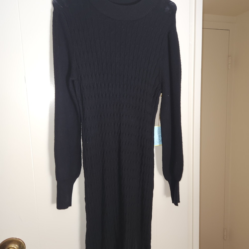 CeCe Black Ribbed Long-Sleeve Knit Midi Dress